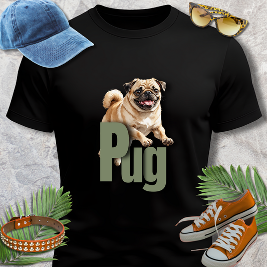 Black t-shirt with a pug graphic and 'Pug' text, surrounded by a blue cap, sunglasses, orange shoes, and green leaves on a textured surface.