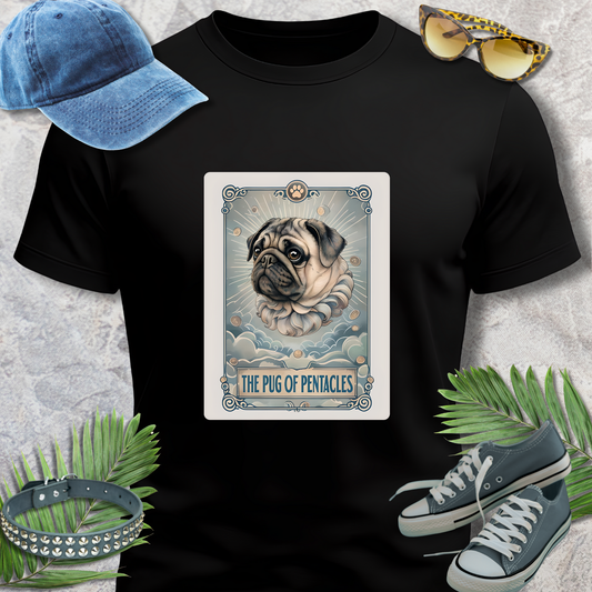 Black t-shirt with a graphic of a pug and text 'The Pug of Pentacles' on a textured surface with accessories.