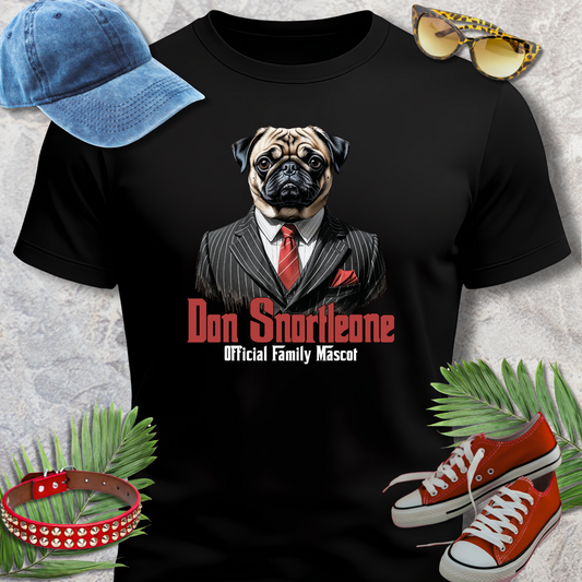 Black t-shirt with a pug in a suit graphic and text, surrounded by a blue cap, sunglasses, red sneakers, and a red collar.