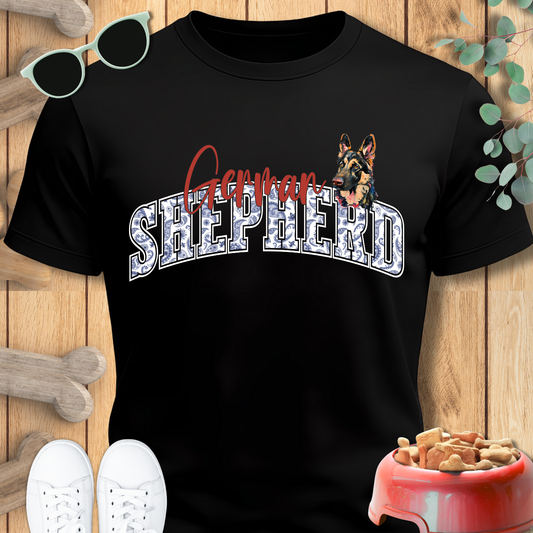 Black t-shirt with 'German Shepherd' design on a wooden background