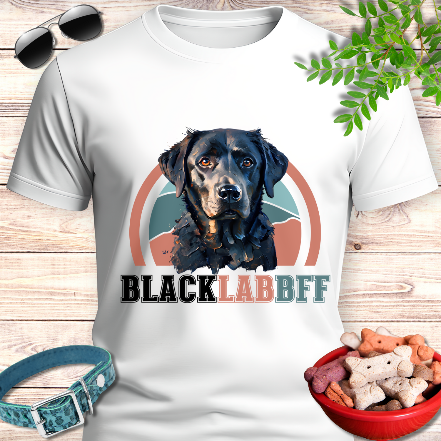 White t-shirt with a black labrador graphic and 'BLACK LAB BFF' text, surrounded by pet accessories on a wooden surface.