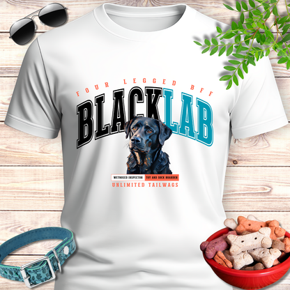 White t-shirt with 'Black Lab' design featuring a dog, sunglasses, collar, and bowl of dog treats on a wooden surface.