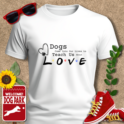 White t-shirt with 'Dogs Come Into Our Lives to Teach Us About Love' text, red sneakers, sunglasses, sunflower, and 'Welcome to the Dog Park' sign on a textured background.