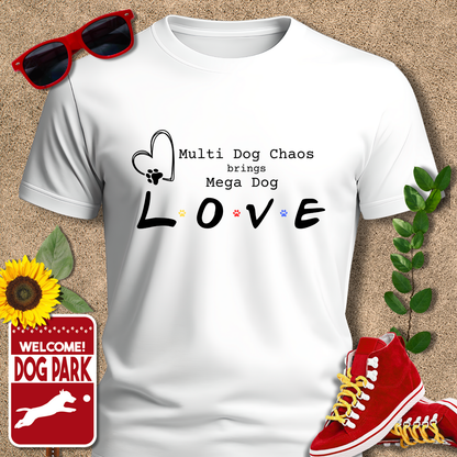 White t-shirt with 'Multi Dog Chaos brings Mega Dog LOVE' text, surrounded by sunglasses, sneakers, a sunflower, and a 'Welcome to the Dog Park' sign.
