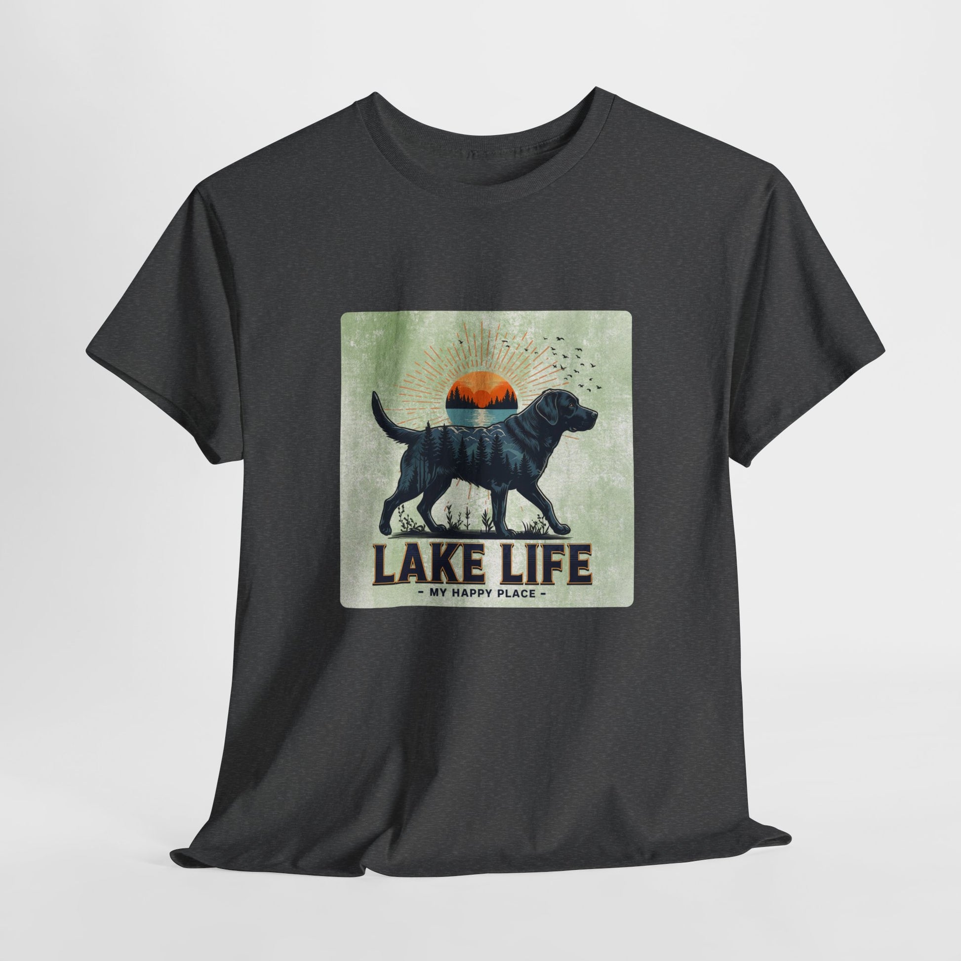 Black t-shirt with a graphic of a dog and 'Lake Life My Happy Place' text on a light gray background