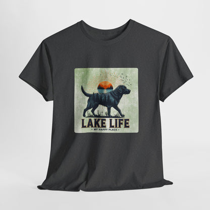 Black t-shirt with a graphic of a dog and 'Lake Life My Happy Place' text on a light gray background
