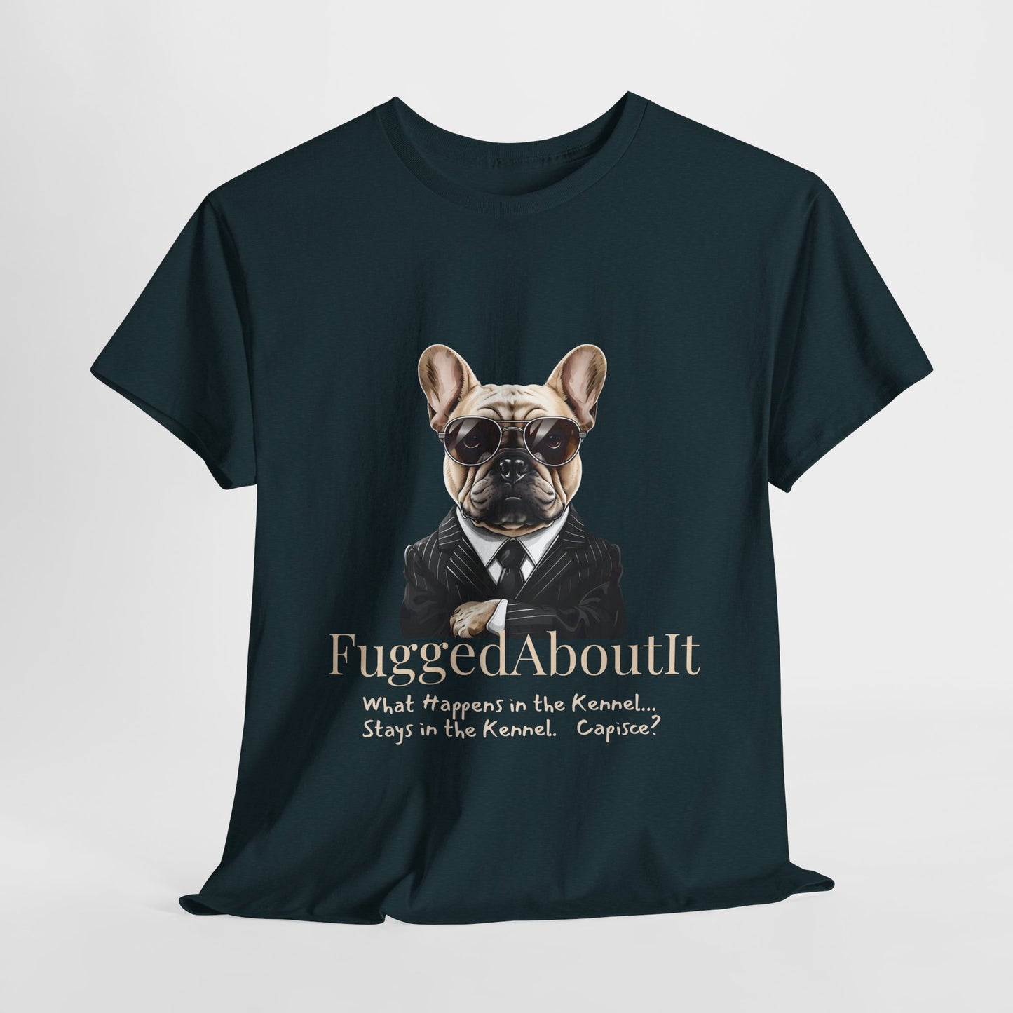 Black t-shirt with a dog graphic and text on a light gray background