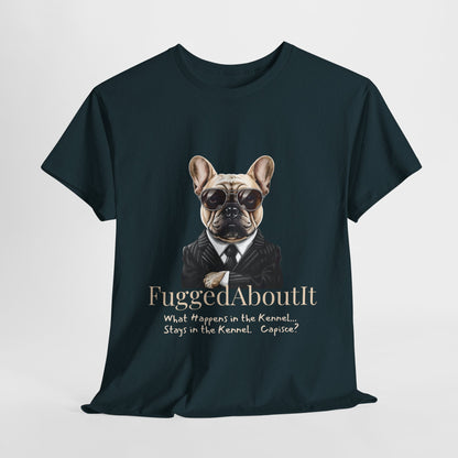 Black t-shirt with a dog graphic and text on a light gray background