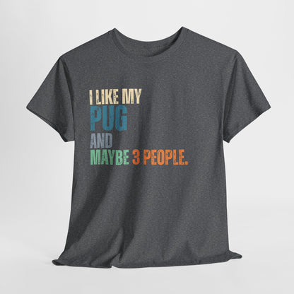 Gray t-shirt with colorful text 'I LIKE MY PUG AND MAYBE 3 PEOPLE.' on a light gray background