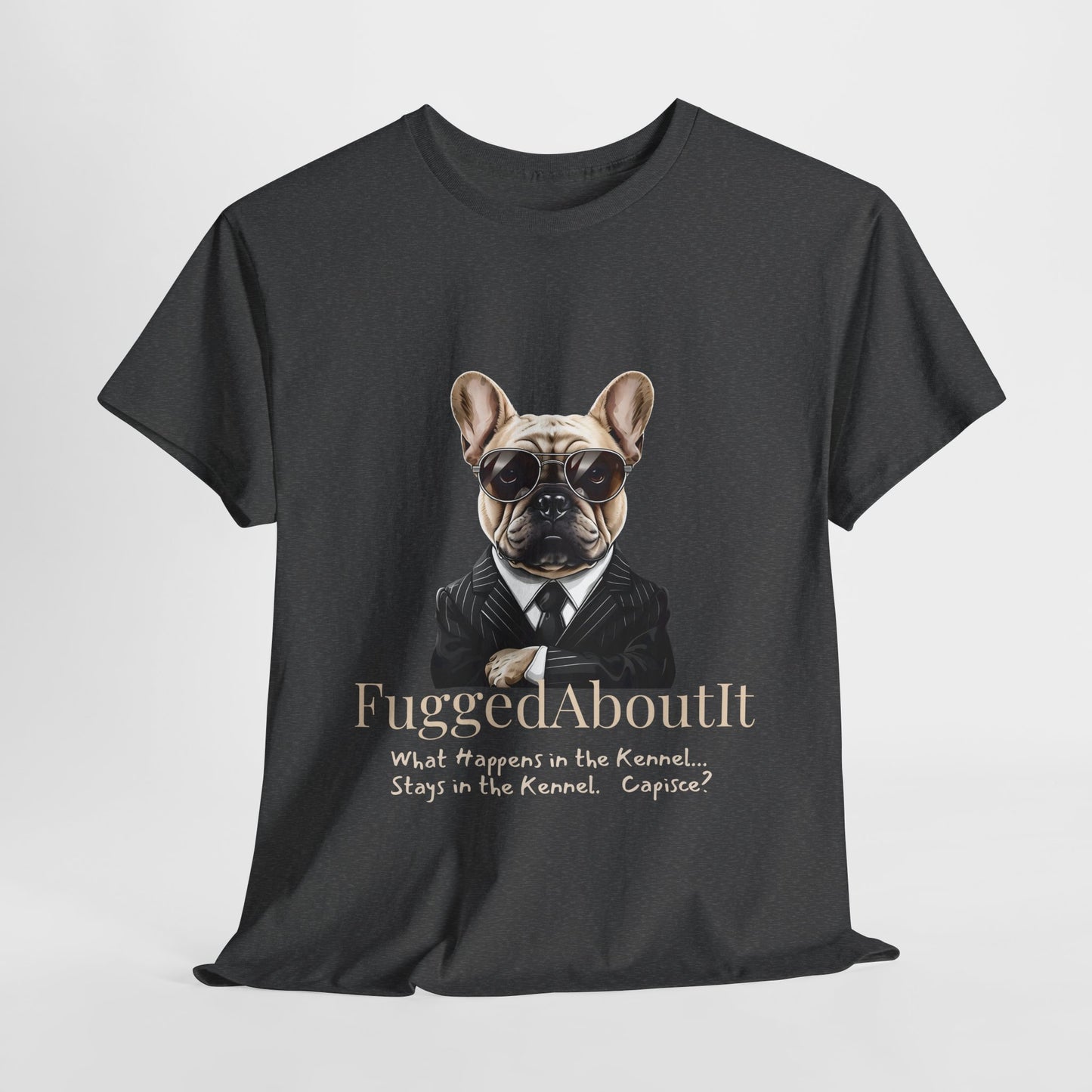 Black t-shirt with a dog graphic and text on a light gray background