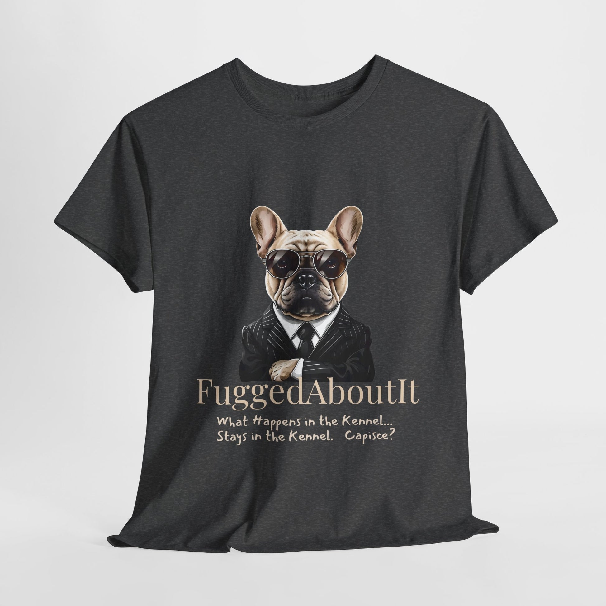 Black t-shirt with a dog graphic and text on a light gray background