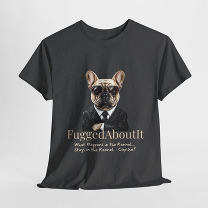 Black t-shirt with a dog graphic and text on a light gray background