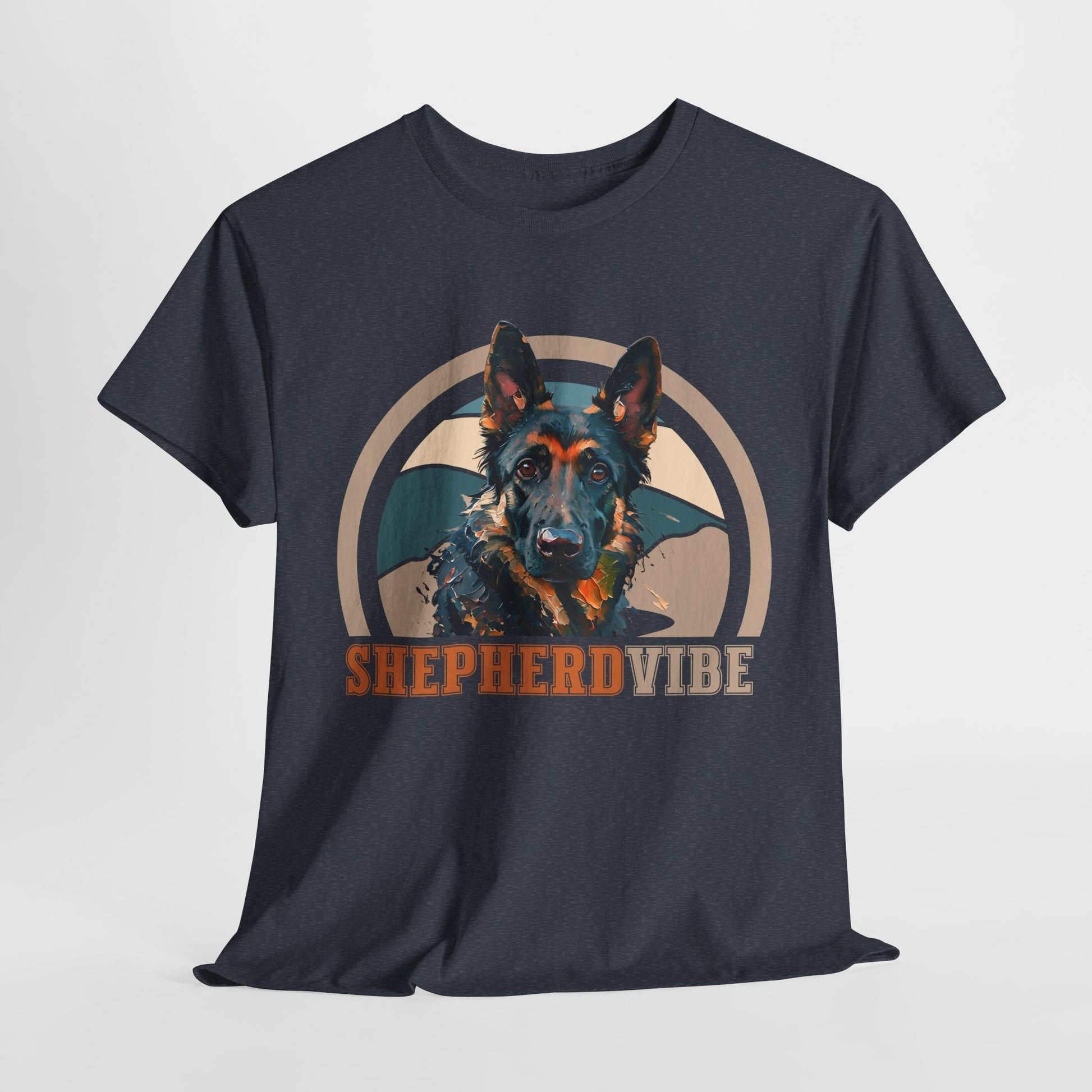 Black t-shirt with a dog graphic and 'Shepherd Vibe' text on a light gray background