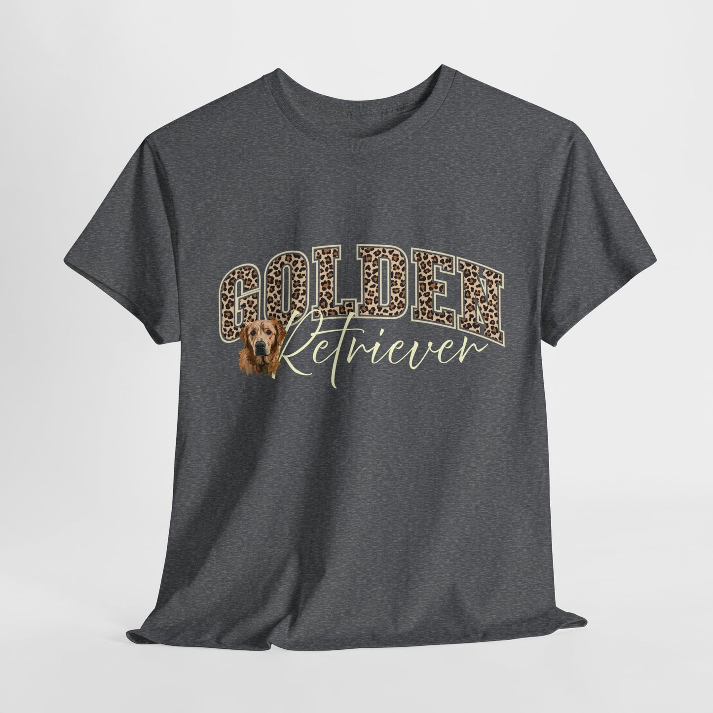 Gray t-shirt with 'Golden Retriever' text and dog graphic on a white background