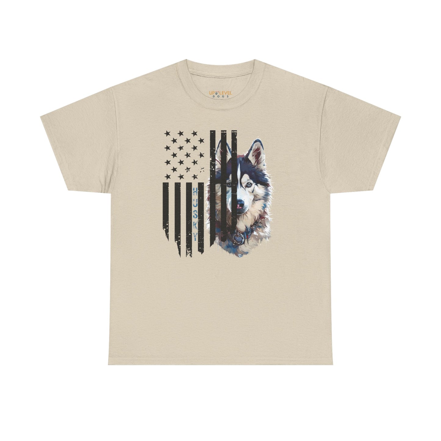 Beige t-shirt with a dog graphic and American flag design on a white background