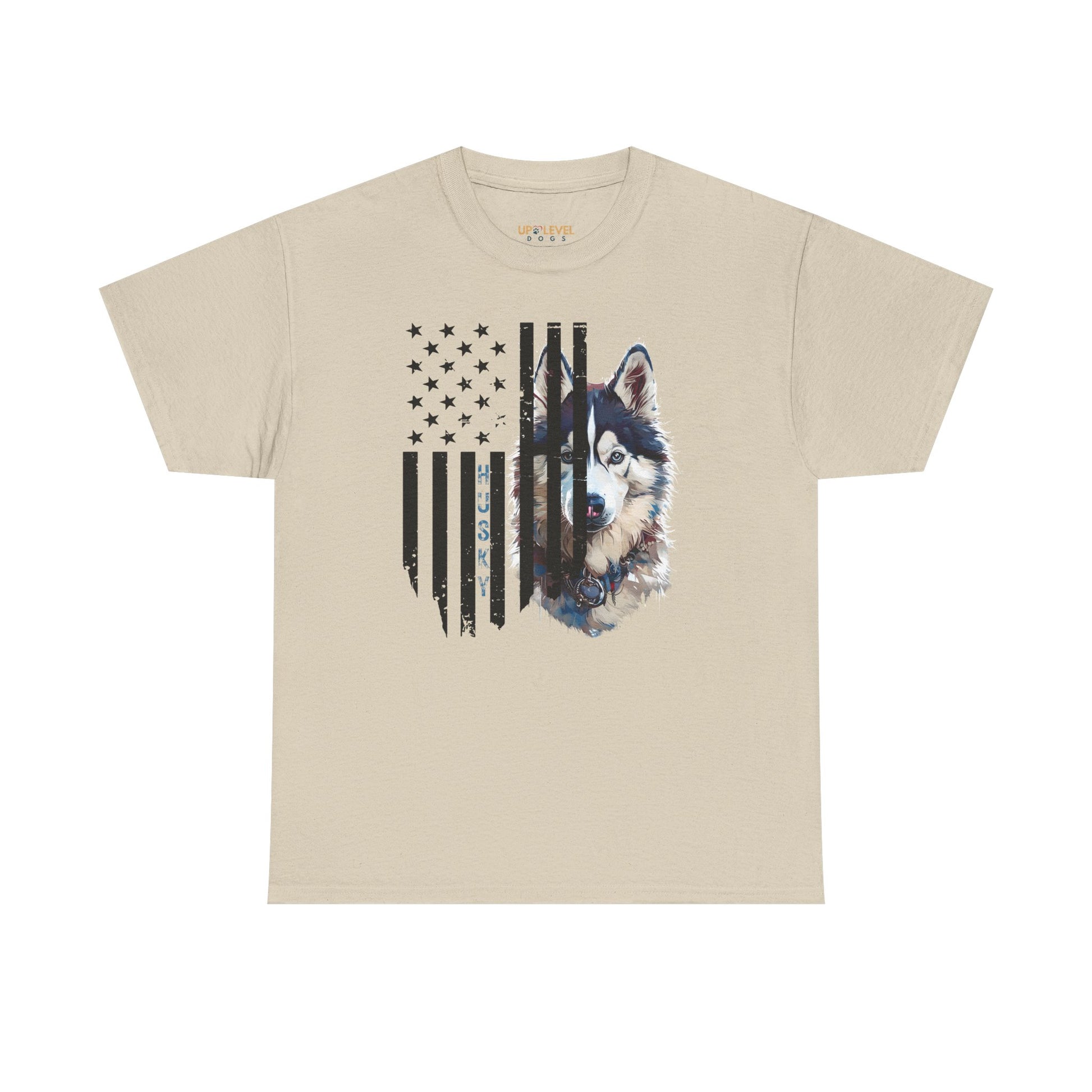 Beige t-shirt with a dog graphic and American flag design on a white background