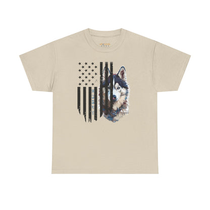 Beige t-shirt with a dog graphic and American flag design on a white background