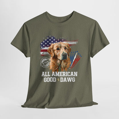 Green t-shirt with a dog graphic and 'All American Good Dawg' text on a white background
