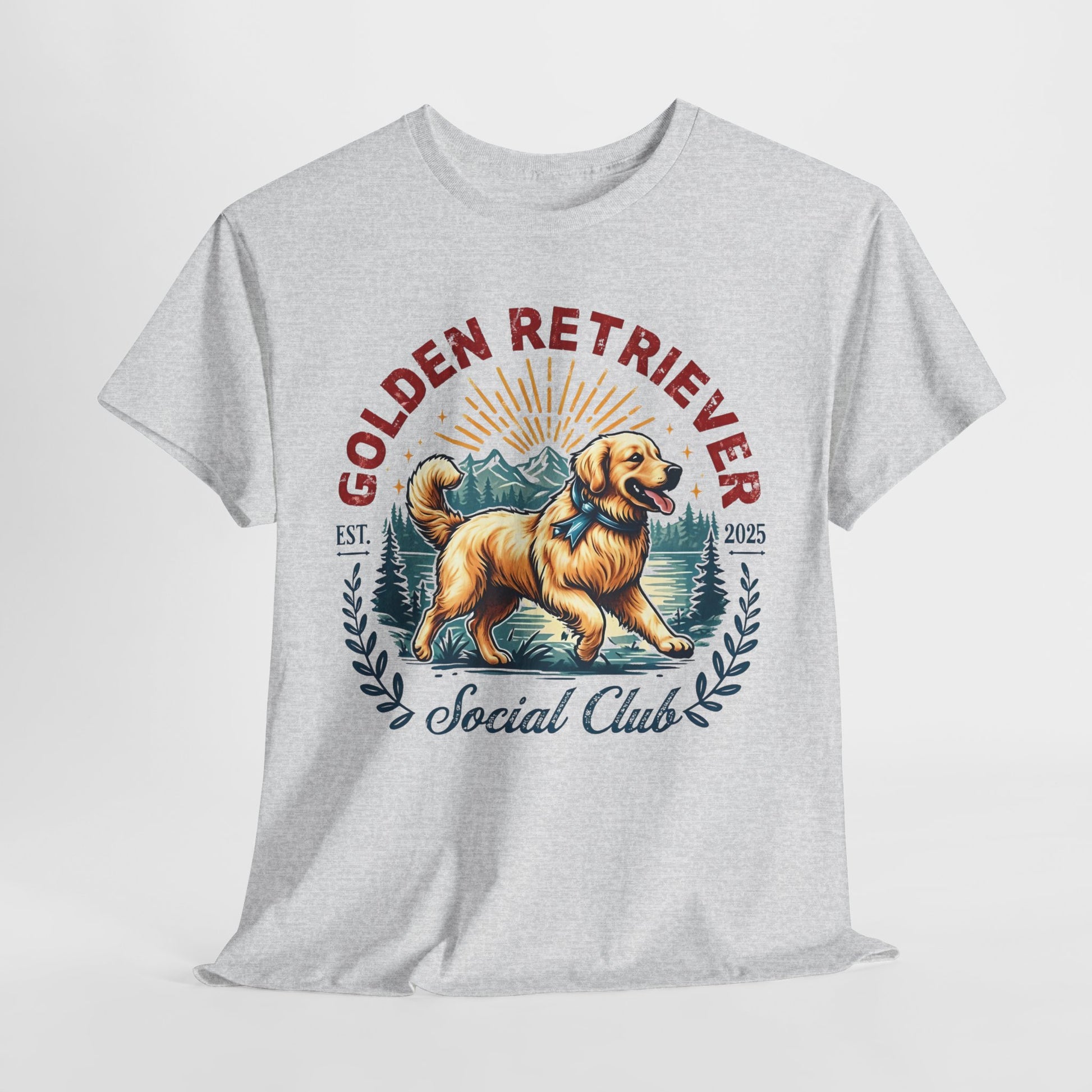 Gray t-shirt with a Golden Retriever graphic and text on a white background