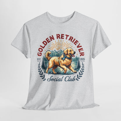 Gray t-shirt with a Golden Retriever graphic and text on a white background