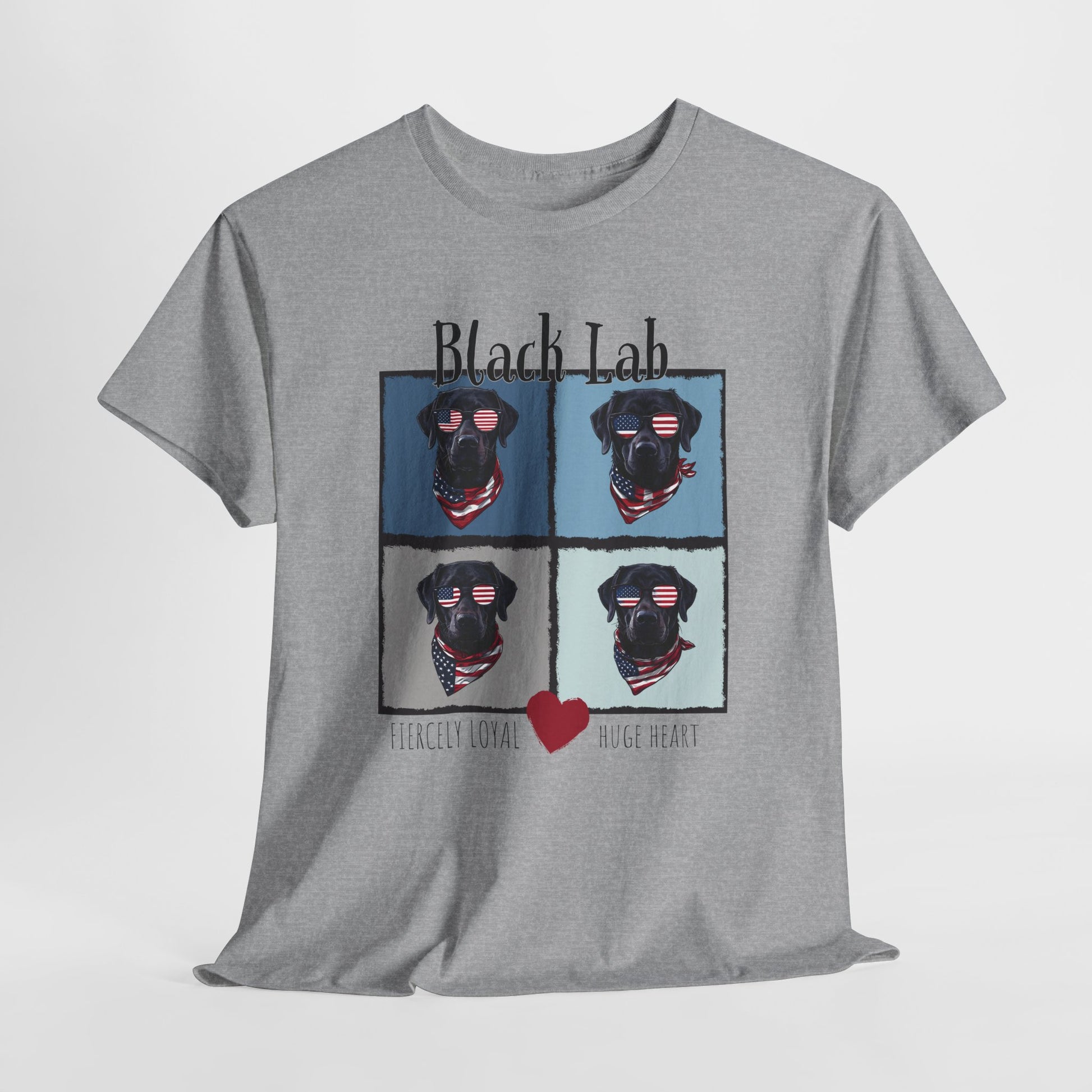 Gray t-shirt with black labrador design and heart on a white background