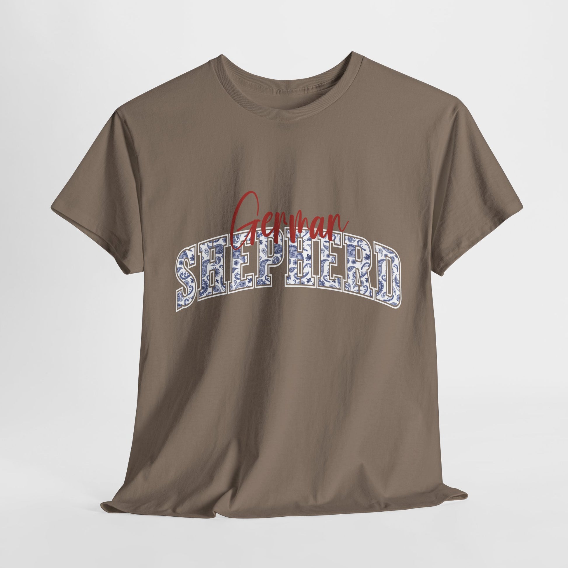 German Shepherd Tshirt with varsity and script lettering in brown savana