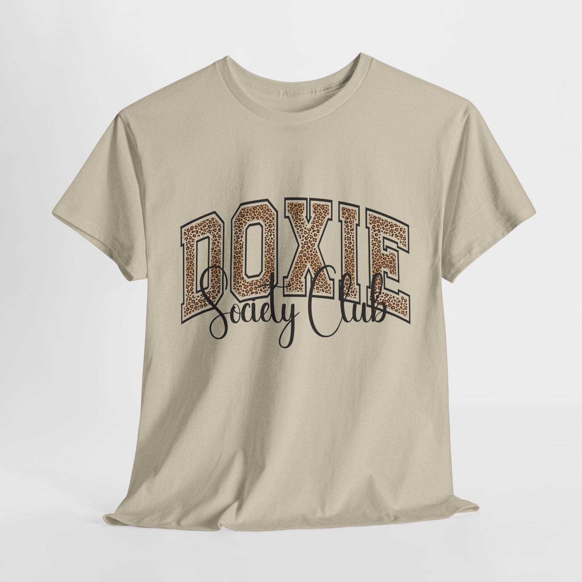 Beige t-shirt with 'Doxie Society Club' text on a white background