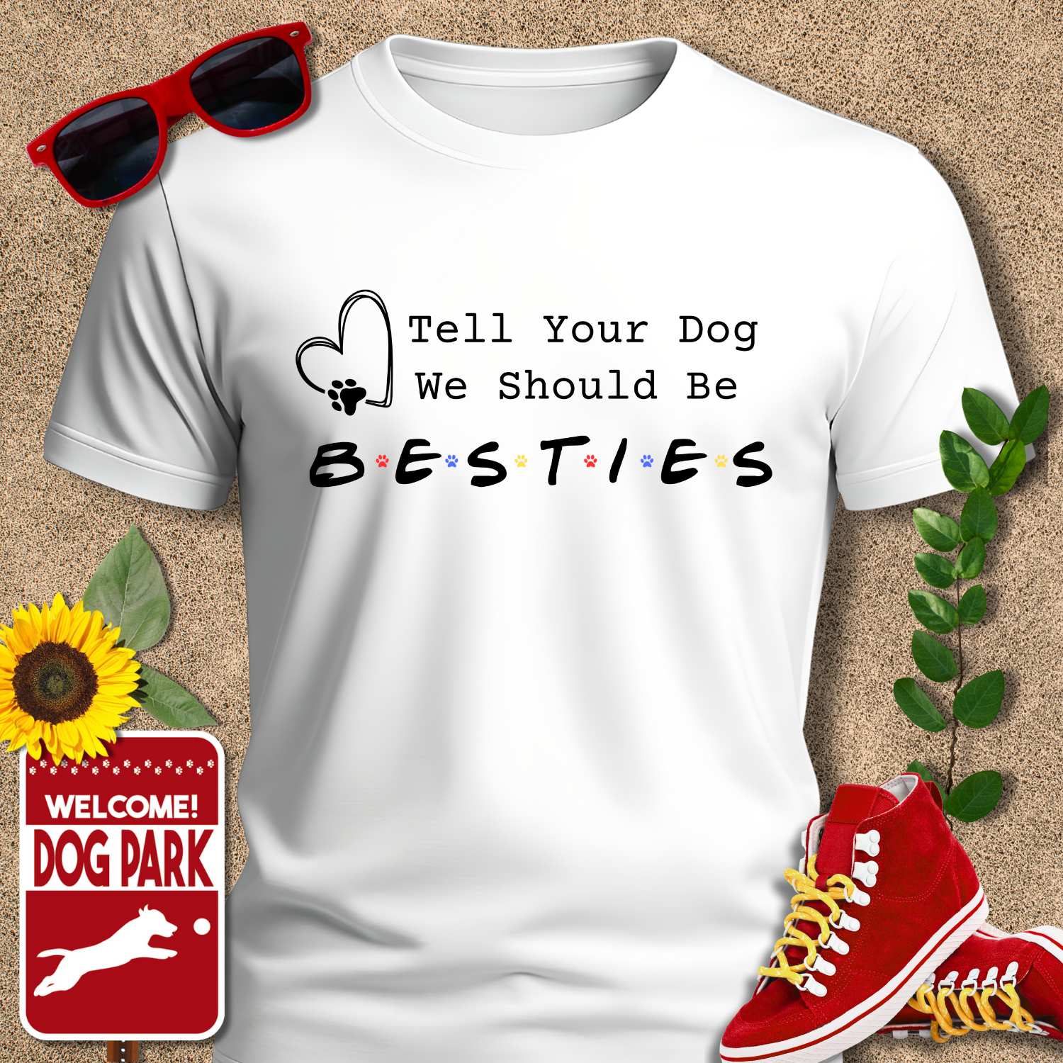 White t-shirt with 'Tell Your Dog We Should Be Besties' text, red sneakers, sunglasses, sunflower, and 'Welcome to the Dog Park' sign on a textured background.
