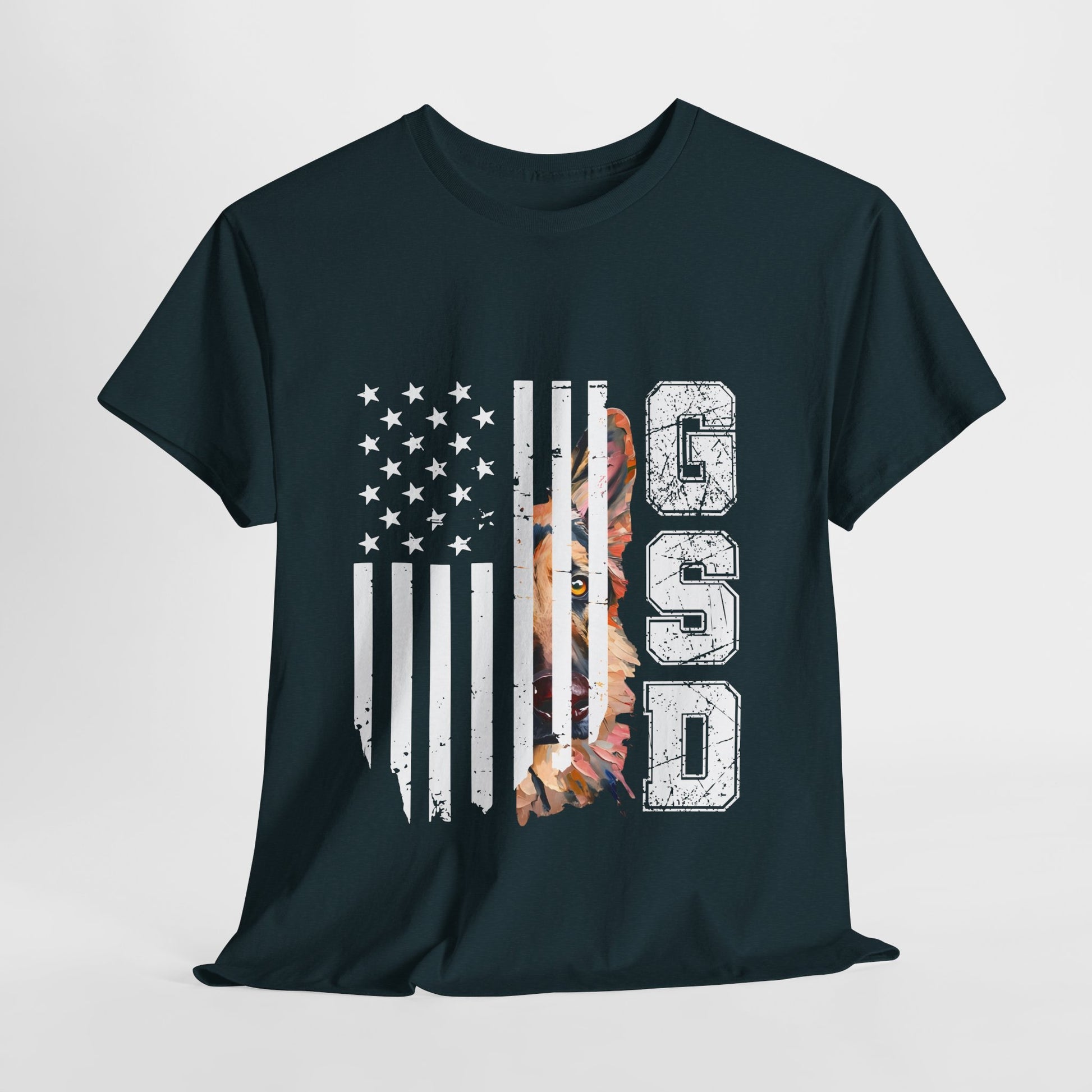 Black t-shirt with American flag and 'CSD' design on a white background