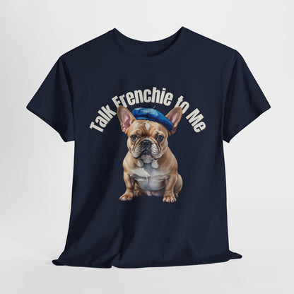 Navy blue t-shirt with a French Bulldog graphic and text 'Talk Frenchie to Me' on a light gray background