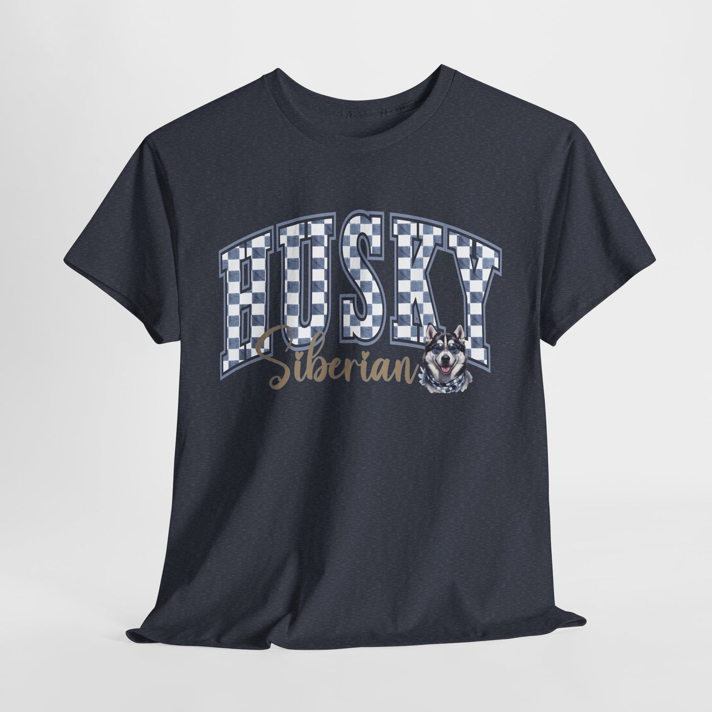 Black t-shirt with 'HUSKY Siberian' text and dog graphic on a light gray background
