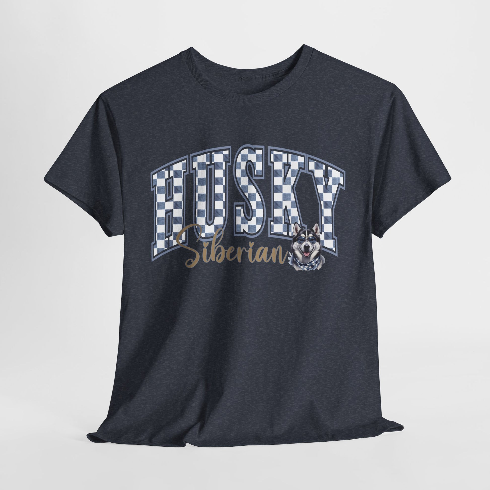 Black t-shirt with 'HUSKY Siberian' text and dog graphic on a light gray background