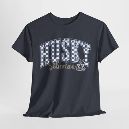 Black t-shirt with 'HUSKY Siberian' text and dog graphic on a light gray background
