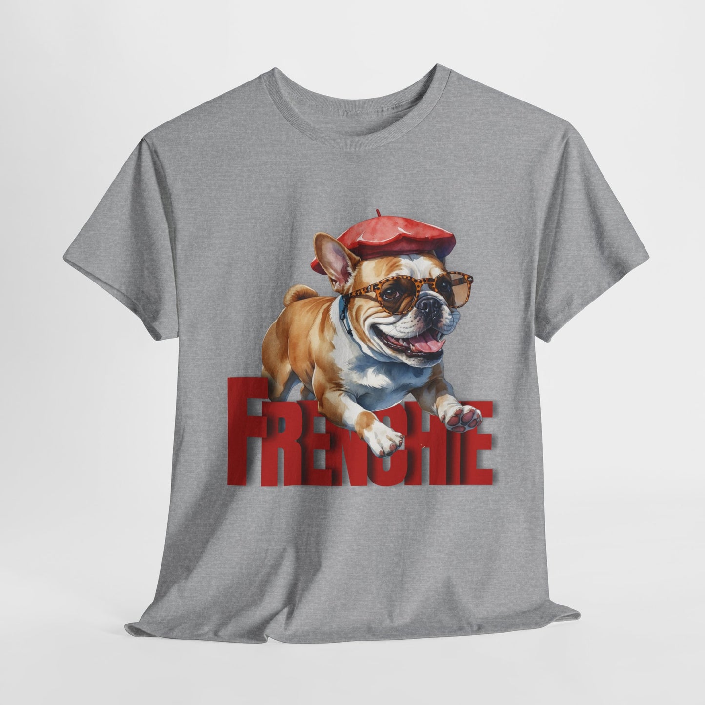 Gray t-shirt with a dog graphic and 'FRENCHIE' text on a white background
