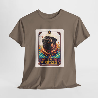 Brown t-shirt with a graphic of a pug on a tarot card design.