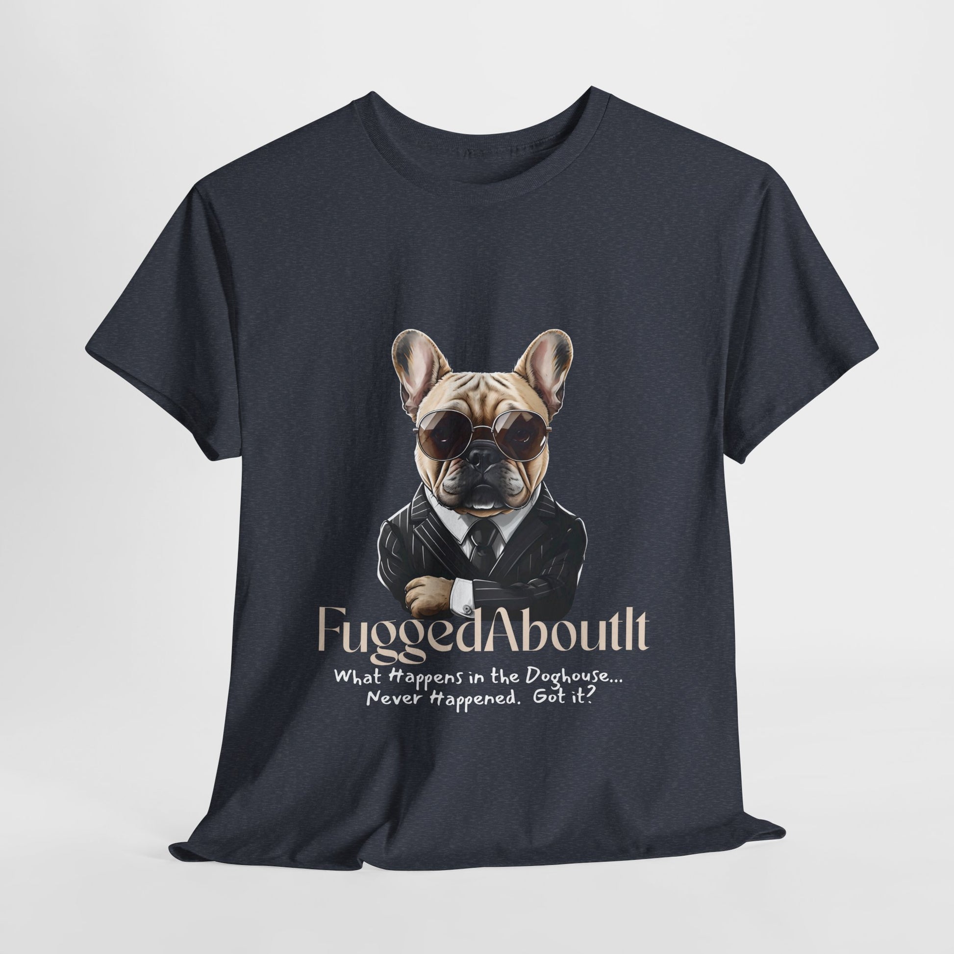 Black t-shirt with a graphic of a dog wearing sunglasses and a suit, with text on a white background.