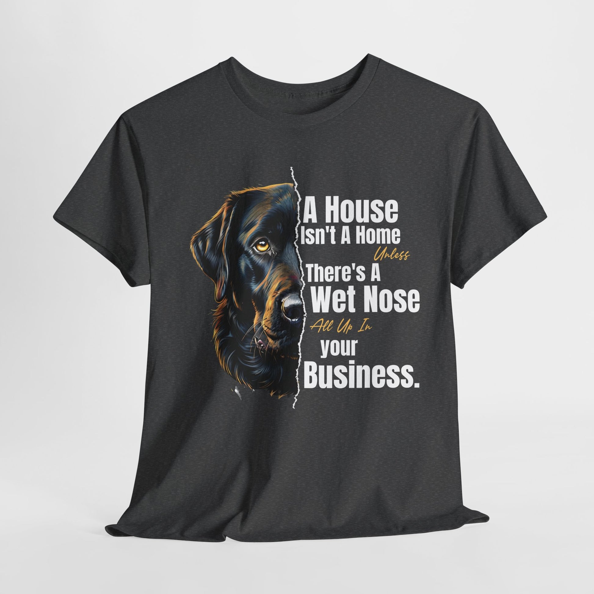 Black t-shirt with a dog graphic and text on a white background