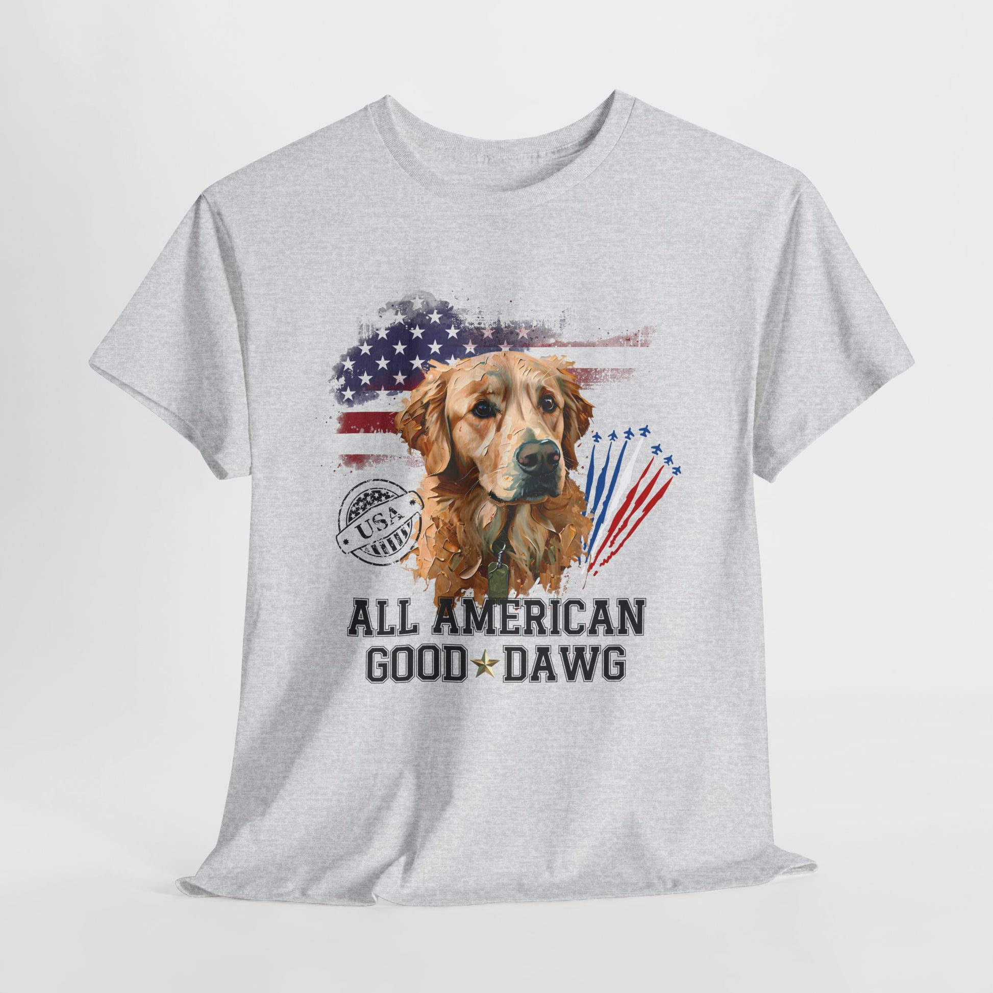 Gray t-shirt with a dog graphic and 'All American Good Dawg' text on a white background