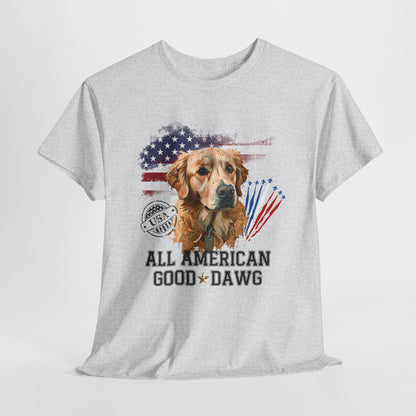 Gray t-shirt with a dog graphic and 'All American Good Dawg' text on a white background