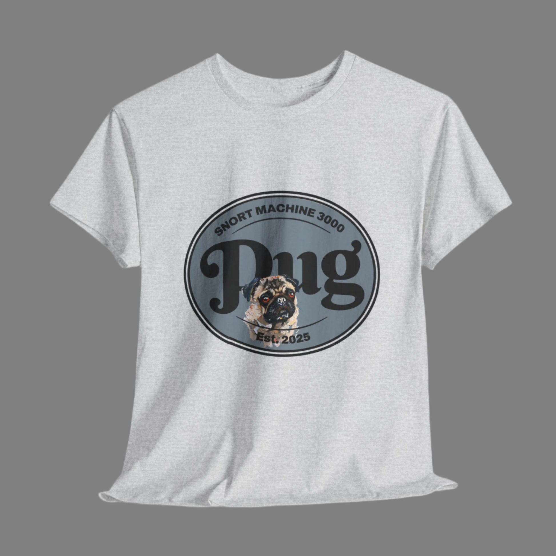 Gray t-shirt with a dog graphic and text on a white background