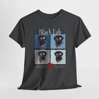 Black t-shirt with a graphic of four black labradors and text on a white background