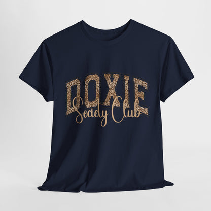 Navy blue t-shirt with 'Doxie Society Club' text in gold on a light gray background