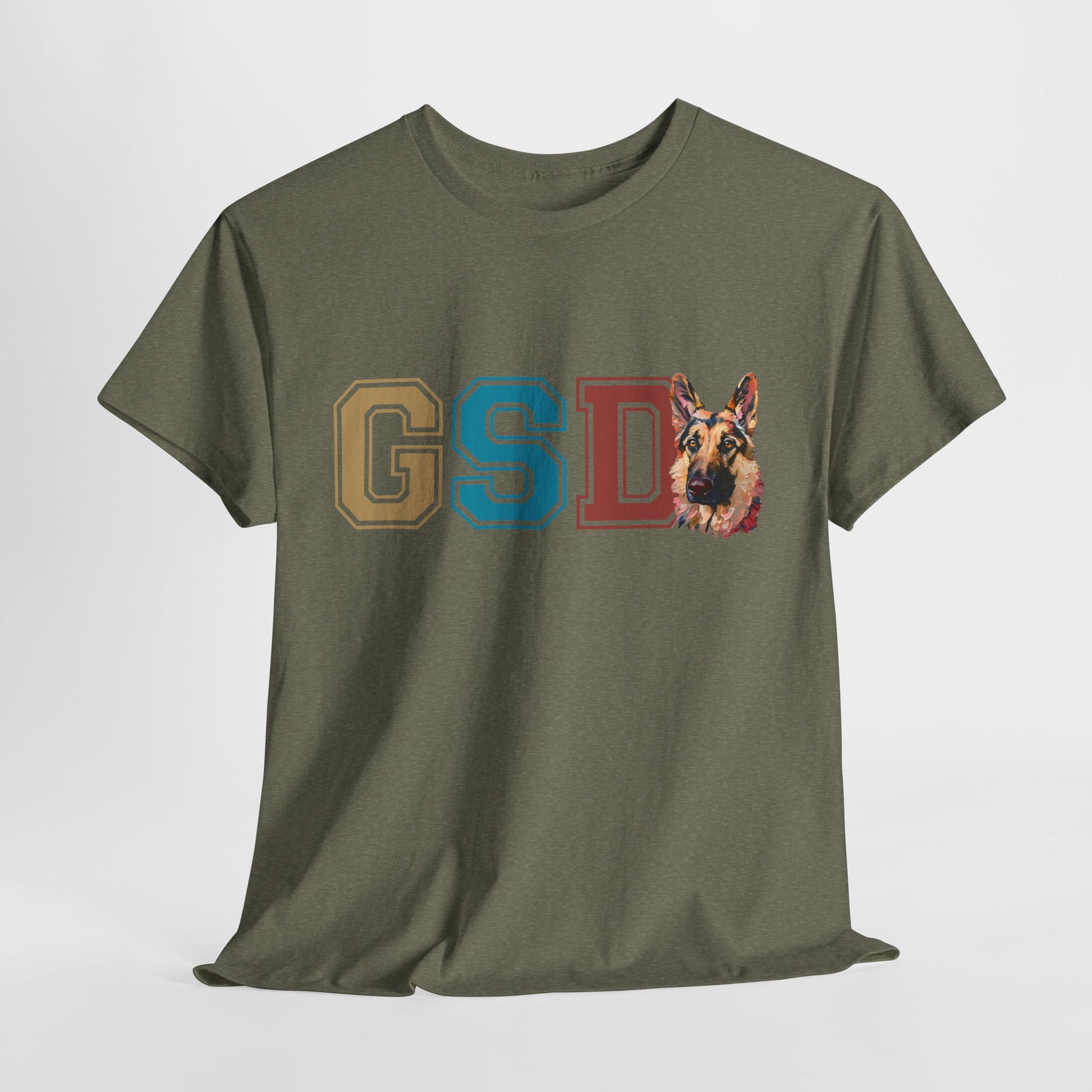 Green t-shirt with a German Shepherd graphic and 'GSD' letters on a white background
