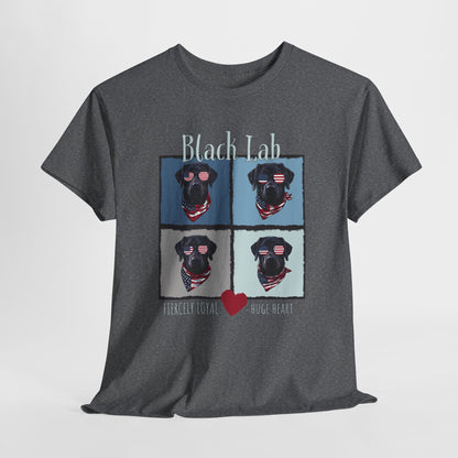 Gray t-shirt with black labrador graphic and text on a white background