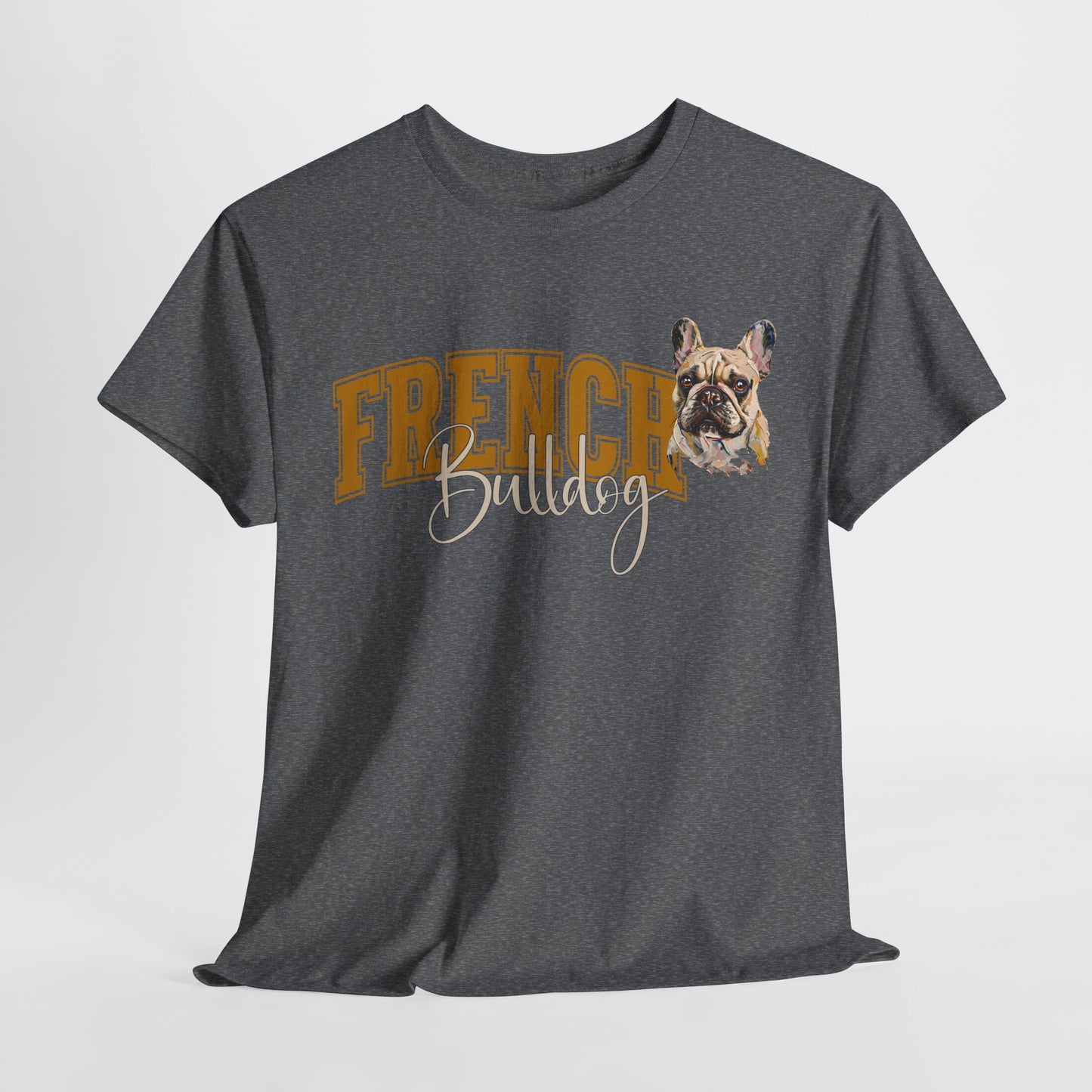 Gray t-shirt with 'French Bulldog' text and dog graphic on a white background