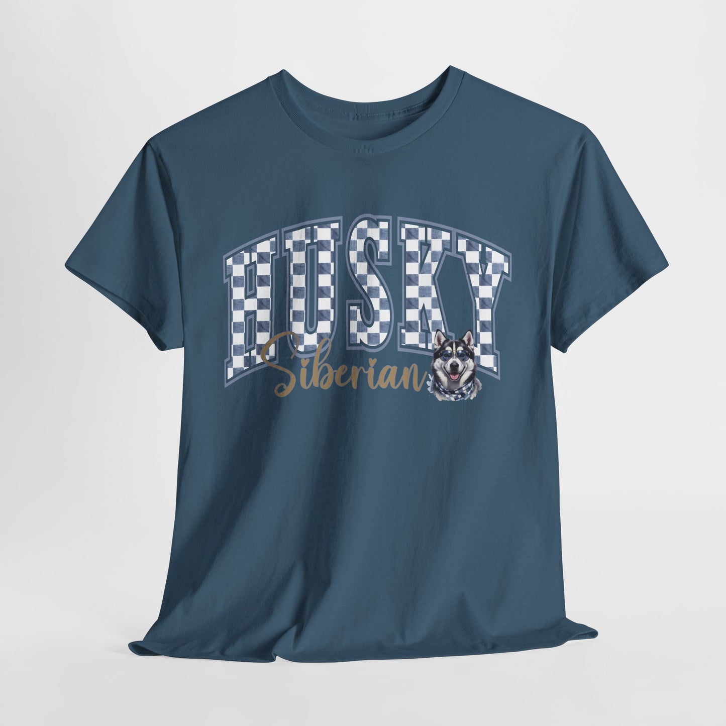 Blue t-shirt with 'Husky Siberian' text and dog graphic on a light gray background