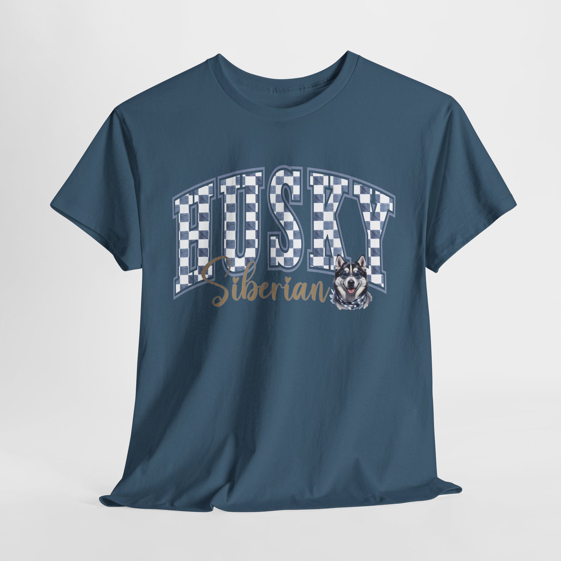 Blue t-shirt with 'Husky Siberian' text and dog graphic on a light gray background