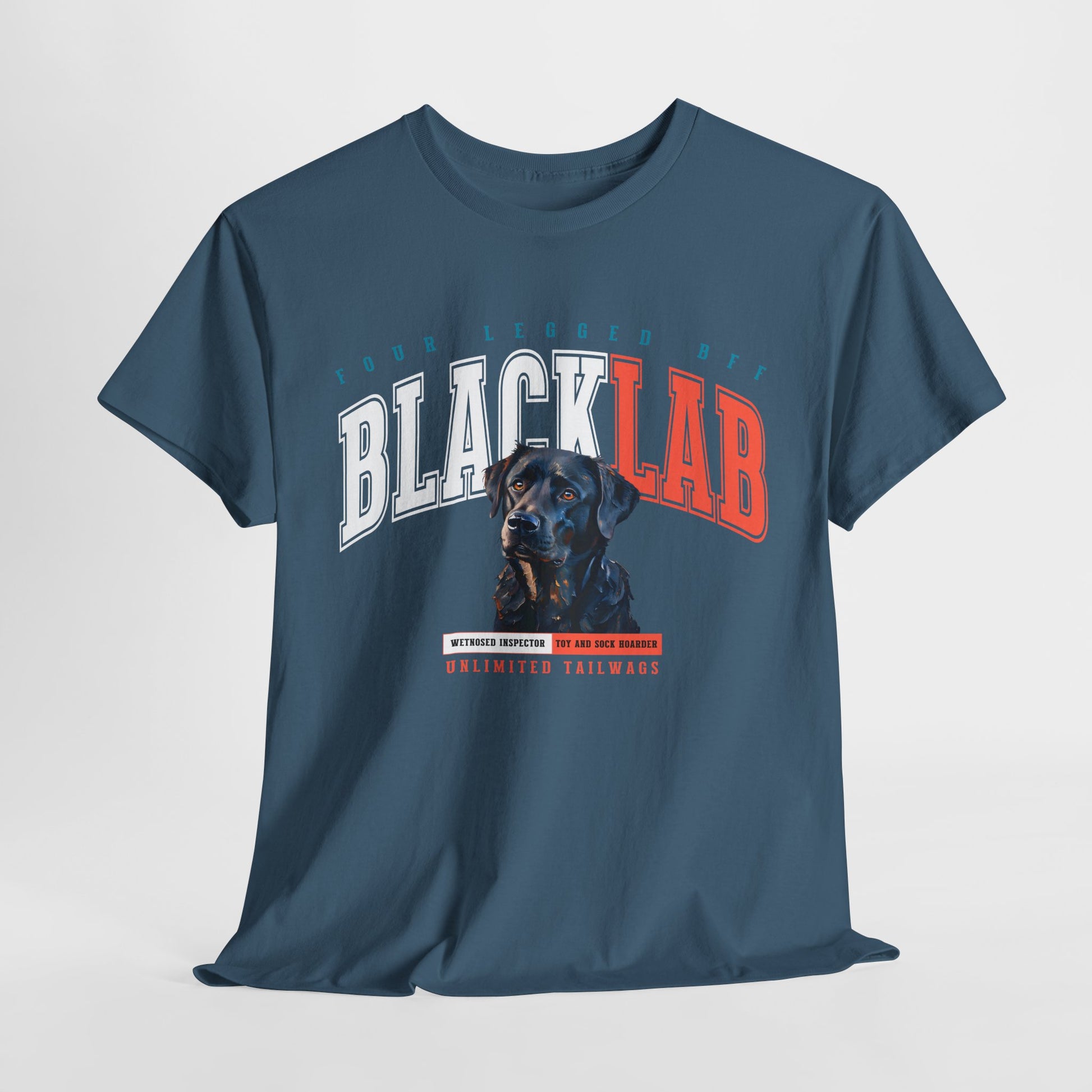 Blue t-shirt with 'Black Lab' graphic design on a white background