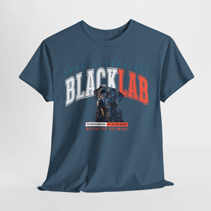 Blue t-shirt with 'Black Lab' graphic design on a white background