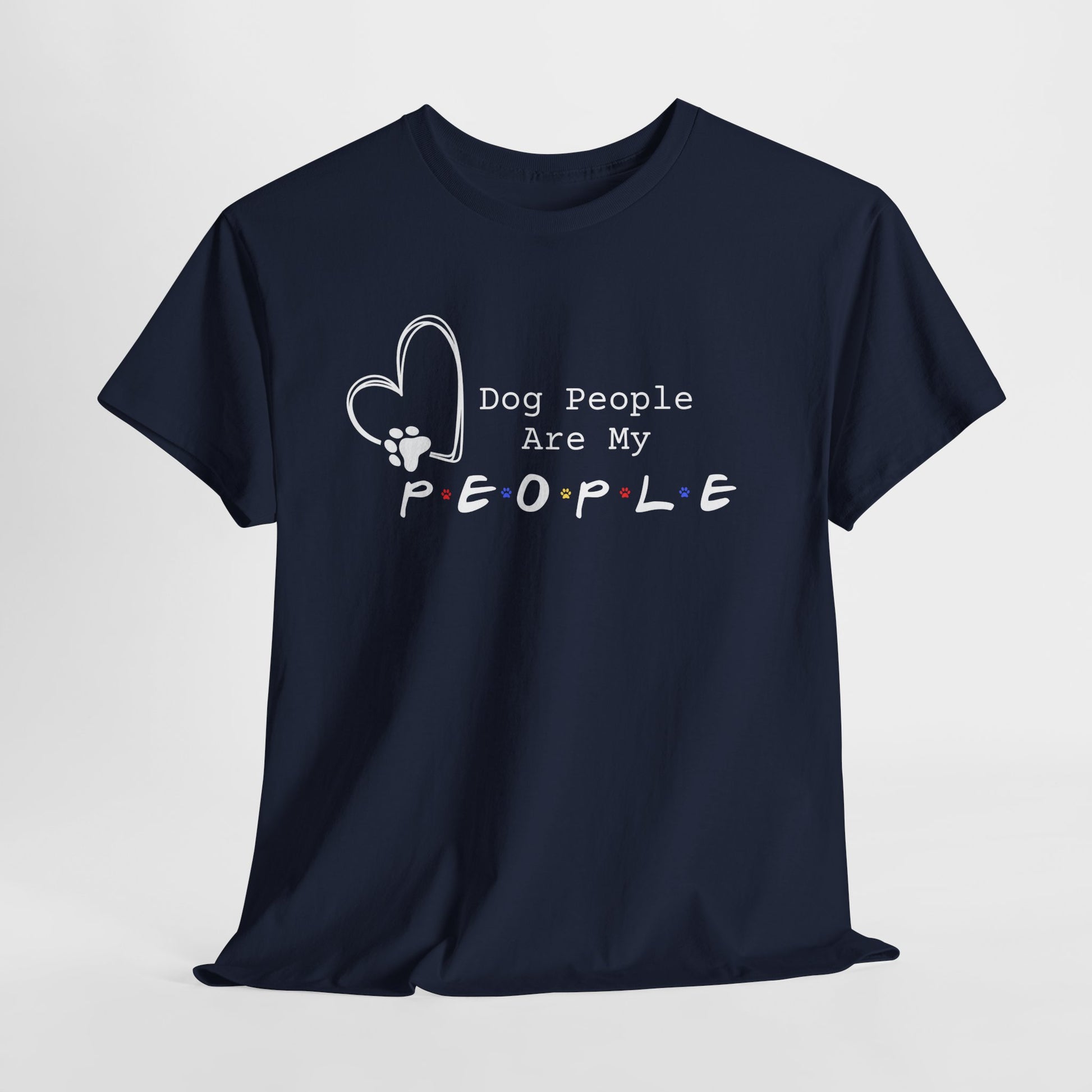 Navy blue t-shirt with 'Dog People Are My People' text and heart design on a light gray background